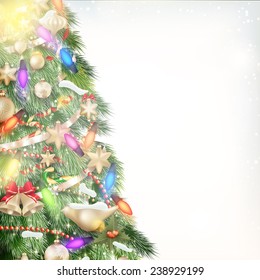 Christmas background of de-focused lights with decorated tree. EPS 10 vector file included