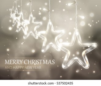 Christmas background of de-focused lights with decorated Glass Stars, vector