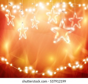 Christmas background of de-focused lights with decorated Glass Stars, vector