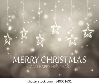 Christmas background of de-focused lights with decorated Glass Stars, Vector illustration