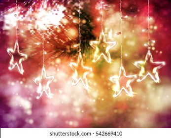 Christmas background of de-focused lights with decorated Glass Stars, Vector illustration