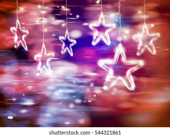 Christmas background of de-focused lights with decorated Glass Stars, Vector illustration