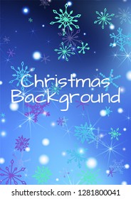 Christmas Background with Delicate Snowflakes and Shiny Lights. Festive Background for Christmas Decoration, Cloth, Dress. Vertical A4 Vector Background.