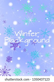 Christmas Background with Delicate Snowflakes and Shiny Lights. Festive Background for Christmas Decoration, Cloth, Fabric. Vertical A4 Vector Background.