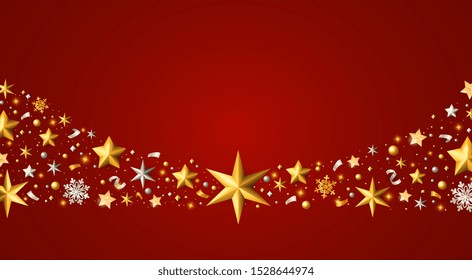 Christmas Background design with Border made of Cutout Gold Foil Stars, Snowflakes and sparkling lights. Horizontal elegant Christmas poster, greeting cards, headers, and website. Vector illustration.