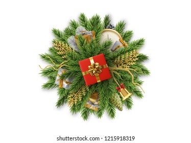 Christmas background. Design Bundle of pine branches into a round sphere and the holiday Xmas decoration object, gift boxes, antique clocks, golden bell