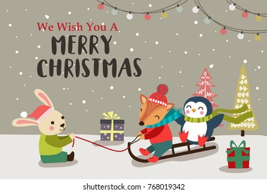 Christmas background design with cute cartoon animals. Vector illustration.