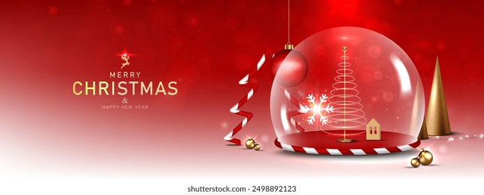 Christmas background design with Christmas festive elements on Red bokeh scene background. Vector illustration.
