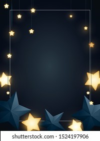 Christmas background design with fir tree branches, glowing stars, gold serpentines and paper stars. Dark backdrop with space for text. Vector flyer or banner template.