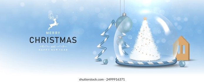 Christmas background design with Christmas glass balls, bauble, tree on blue bokeh scene background. Vector illustration.