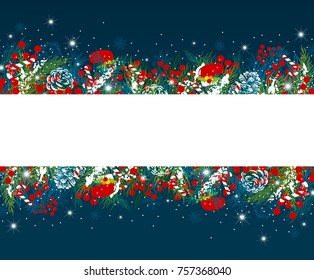 Christmas background design of pine leaves and berry with snow vector illustration