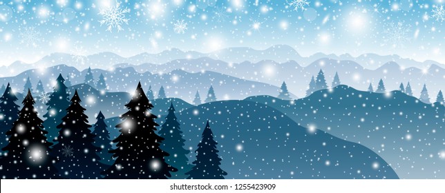 Christmas background design of pine tree and mountain with snow falling in winter vector illustration