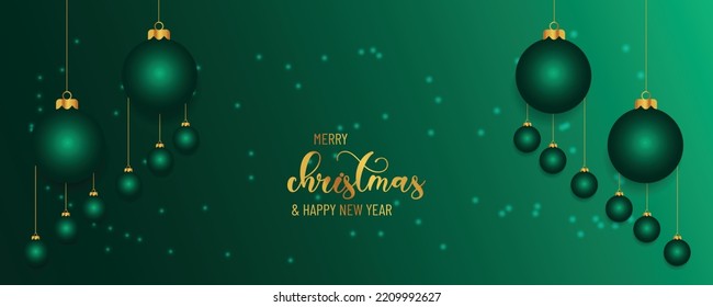 Christmas background design of pine tree and snowflake with beautiful christmas balls banner with text space vector illustration