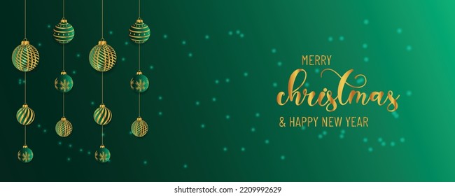 Christmas background design of pine tree and snowflake with beautiful christmas balls banner with text space vector illustration