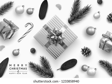 Christmas background. Design realistic gifts box, candy, leaves, xmas balls, decoration bauble, pinecone and pine branch. Holiday greeting card, vector banner, web poster