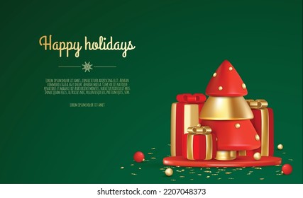 Christmas background. Design with realistic Christmas tree, gift box, snowflakes, balls. Festive composition