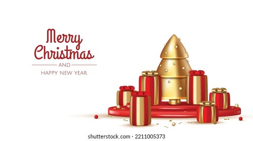 Christmas background. Design with realistic Christmas tree, gift box, snowflakes, balls. Festive composition