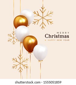 Christmas background. Design realistic white and gold festive helium balloons, hanging on ribbon golden snowflakes. Xmas greeting card, banner, poster. Holiday Happy New Year