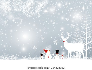 Christmas background design of reindeer and pine leaves with snowflake in the forest winter vector illustration