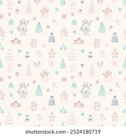 Christmas background design. Seamless pattern with cartoon ornaments. Vector illustration