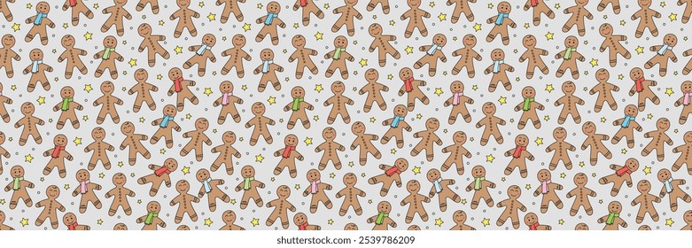 Weihnachtliche Hintergrundgestaltung. Nahtloses Muster mit Cartoon-Lebkuchen-Keksen. Vektorgrafik