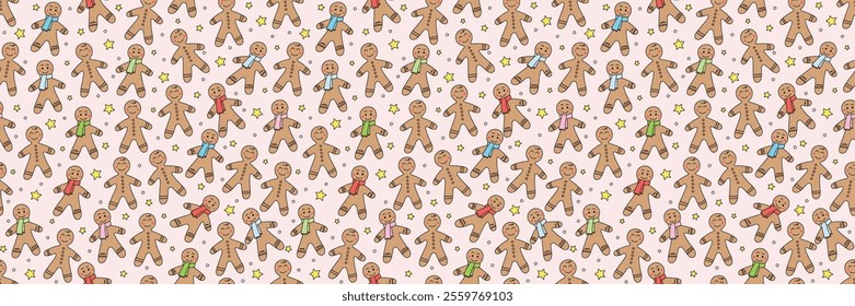 Christmas background design. Seamless pattern with cartoon gingerbread cookies. Vector illustration