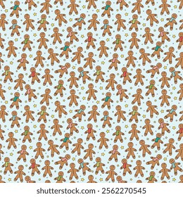 Christmas background design. Seamless pattern with cartoon gingerbread cookies. Vector illustration