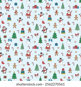 Christmas background design. Seamless pattern with cartoon ornaments. Vector illustration