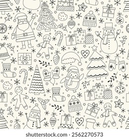 Christmas background design. Seamless pattern with cartoon ornaments. Vector illustration