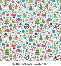 Projeto de fundo de Natal. Padrão perfeito com enfeites de desenho animado. Ilustração vetorial