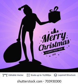 Christmas background design. Silhouette of Santa Claus with presents. Vector illustration.