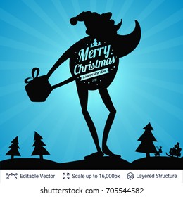Christmas background design. Silhouette of Santa Claus with presents. Vector illustration.