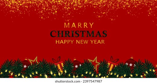 fondo navideño, diseño de la guirnalda de luces brillantes, con una caja de regalos realista, y confeti dorado brillante. Banner de Navidad horizontal, tarjetas de felicitación, cabeceras, Afiche, ilustración 