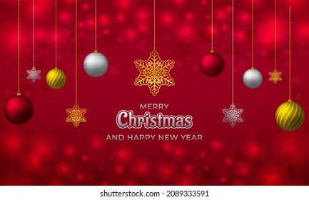 Christmas background design with tree branches colorful balls and snowflake 