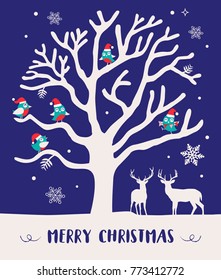 Christmas background design with the tree silhouette, birds and reindeer in the winter.