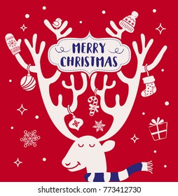 Christmas background design. Vector art deco style reindeer deer head.