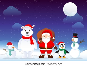 Vector de diseño de fondo de Navidad. Papá Noel, pingüino, oso polar, personajes de caricatura de Snowman