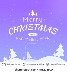 Christmas background design. Winter forest and greeting text block. Vector illustration.