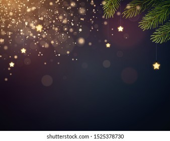 Christmas background design with yellow glowing stars, fir tree branches and gold glitter and confetti. Dark backdrop with space for text. Vector flyer or banner template.