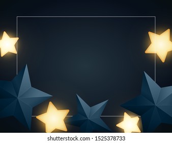 Christmas background design with yellow glowing and blue paper stars. Dark backdrop with space for text. Vector flyer or banner template.