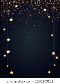 Christmas background design with yellow glowing stars and gold glitter or confetti. Dark backdrop with space for text. Vector flyer or banner template.