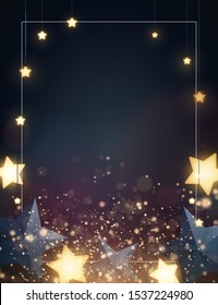 Christmas background design with yellow glowing stars, blue paper stars and gold confetti. Dark backdrop with space for text. Vector flyer or banner template.