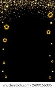 Christmas background design with yellow glowing stars and gold glitter or confetti. Dark backdrop with space for text. Vector flyer or banner template.