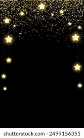 Christmas background design with yellow glowing stars and gold glitter or confetti. Dark backdrop with space for text. Vector flyer or banner template.