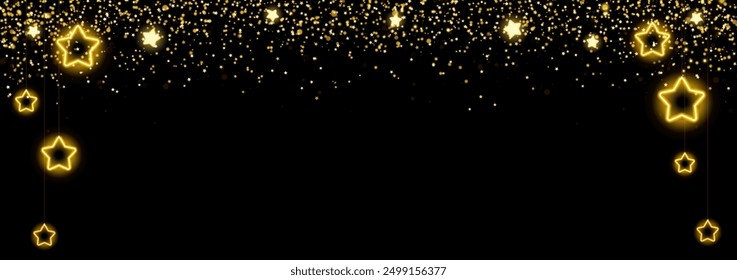 Christmas background design with yellow glowing stars and gold glitter or confetti. Dark backdrop with space for text. Vector flyer or banner template.