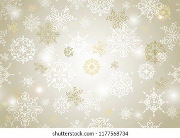 Christmas background with different snowlakes & lights Classic Golden Design. Vector. Seamless