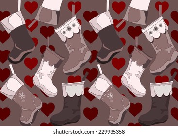 Christmas Background with different socks above different hearts