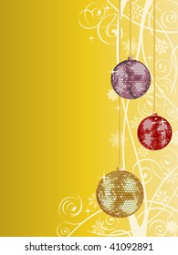 Fondo navideño con bolas de disco. Ilustración vectorial.