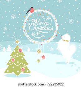 Christmas background with  dog and  bullfinch and Christmas tree