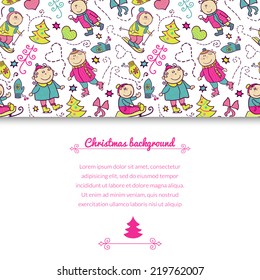 Christmas background with doodle funny children and horizontally space for text, winter recreation